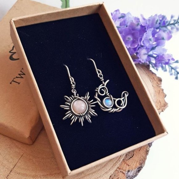 Bohemia Fashion Sun And Moon Earrings Silver Color Round Crystal Drop Earrings - Picture 2 of 3